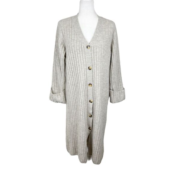 H&M Sweater Women Small Beige Soft Knit Long Button Up Cardigan Wool Blend - Picture 1 of 14
